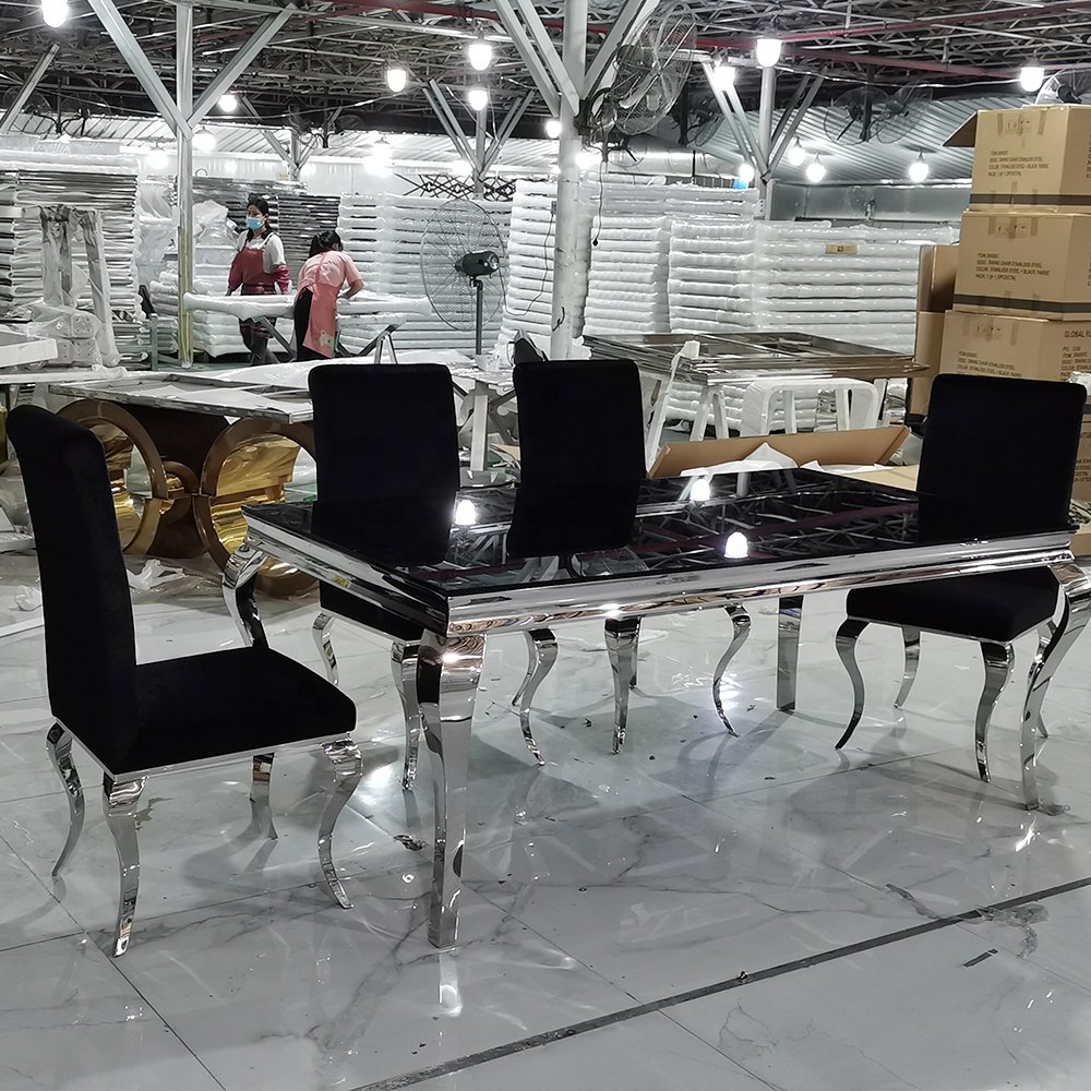 Modern home furniture dinner sets dining room table 6 chairs silver stainless steel black glass dining table