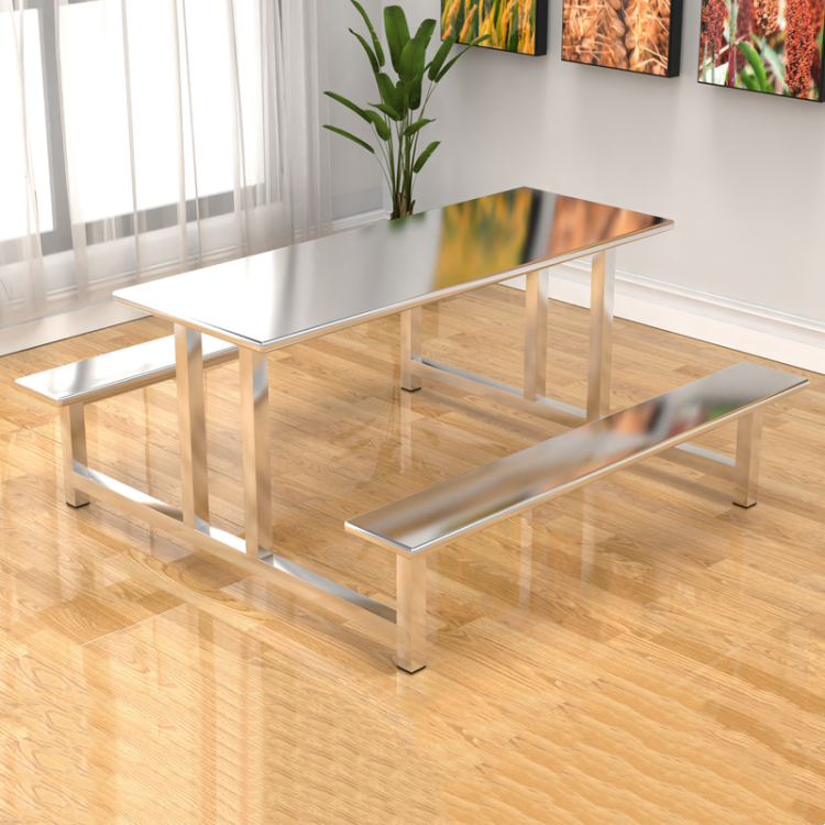 Customized professional one-piece 4 6 8 person seat cafeteria dining table and chair combination stainless steel canteen table