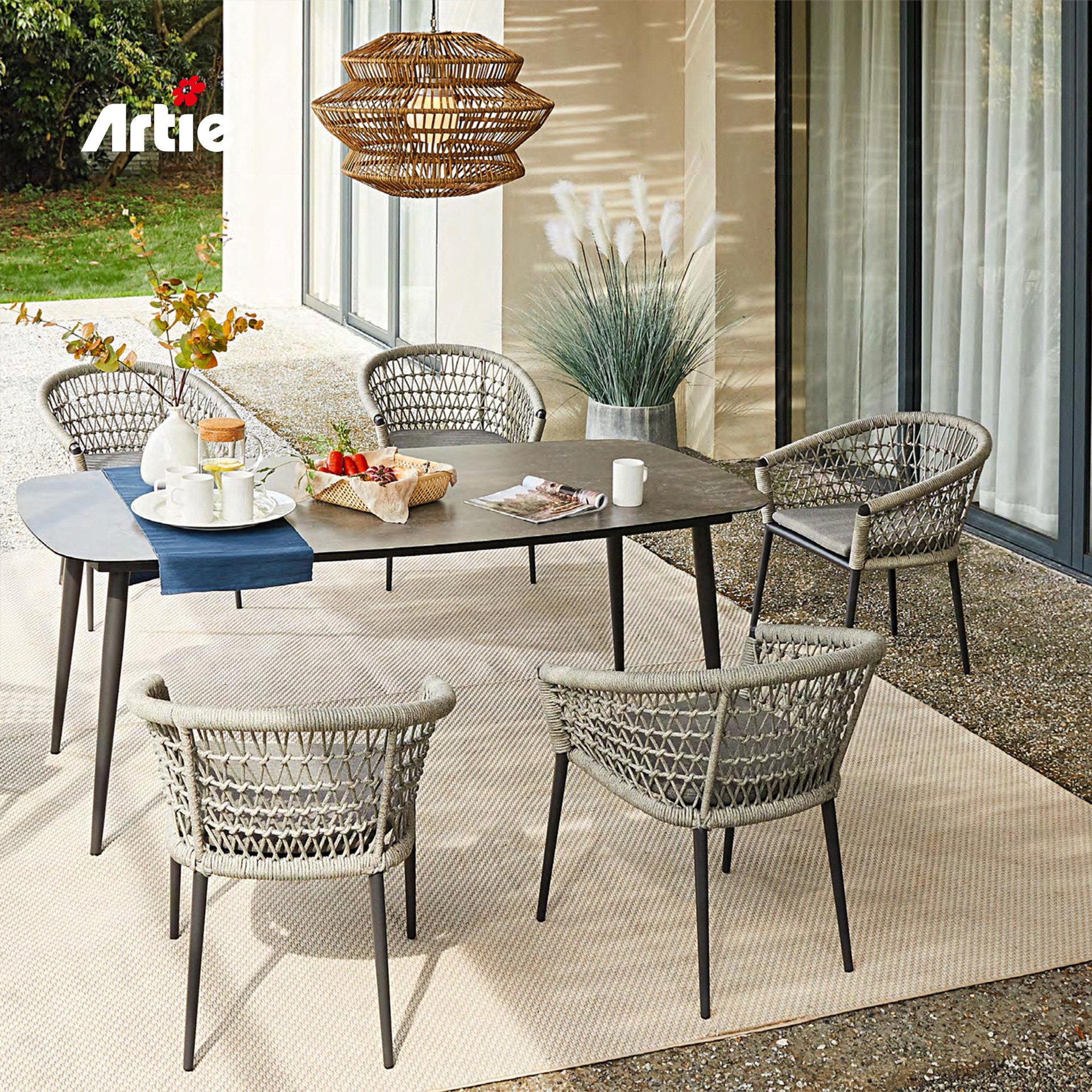 Artie All Weather Outdoor Restaurant Furniture Garden Table And Chairs Aluminum Rope Woven Outdoor Dining Table Set
