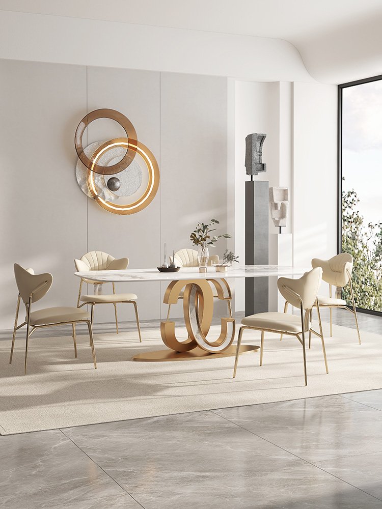 modern simple luxury dinning table marble top stainless steel base dining table set