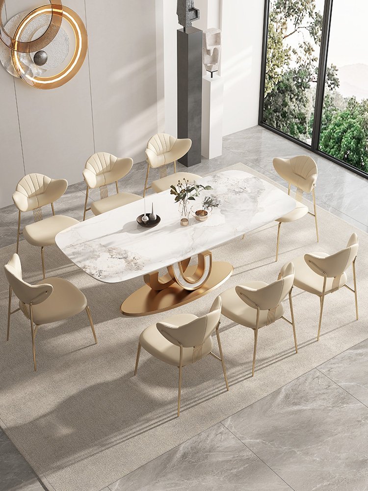 modern simple luxury dinning table marble top stainless steel base dining table set