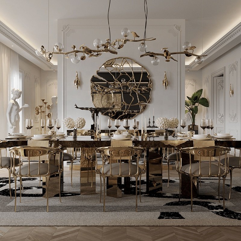 contemporary dinning table solid wood italian luxury royal gold walnut dining table set 6 seater