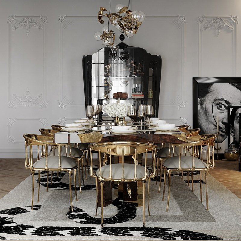 contemporary dinning table solid wood italian luxury royal gold walnut dining table set 6 seater