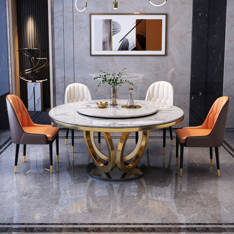 Modern Luxury round Dining Table Rock Slab Design with Extendable Feature for Kitchen Living Room Hotel or Apartment Set