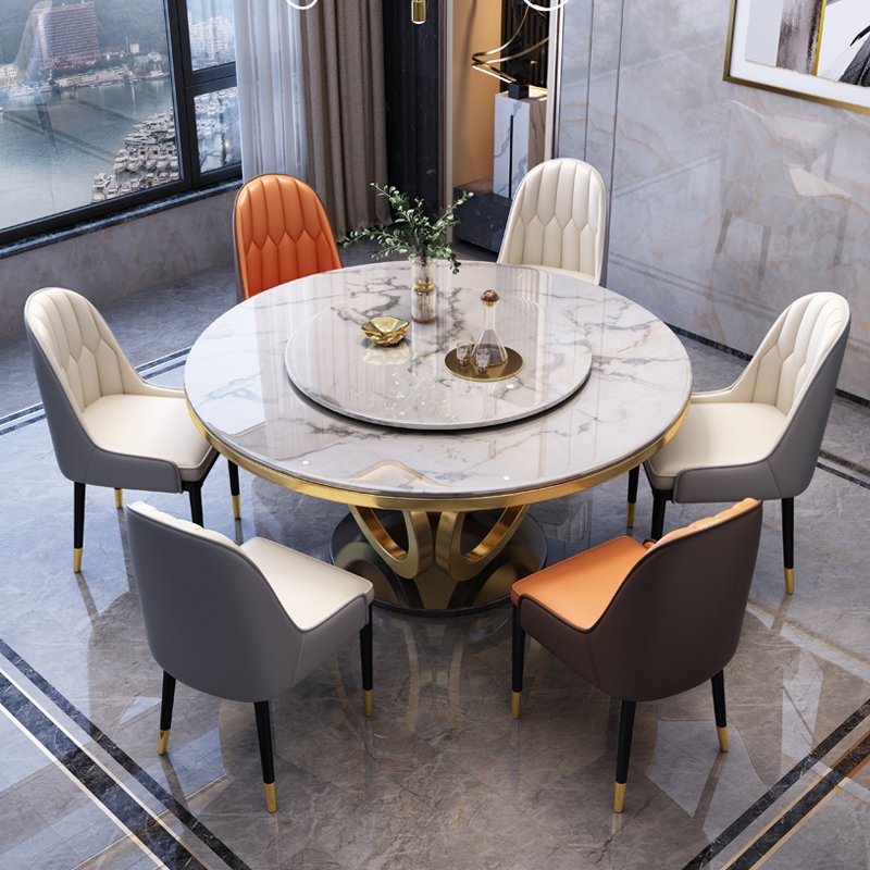 Modern Luxury round Dining Table Rock Slab Design with Extendable Feature for Kitchen Living Room Hotel or Apartment Set