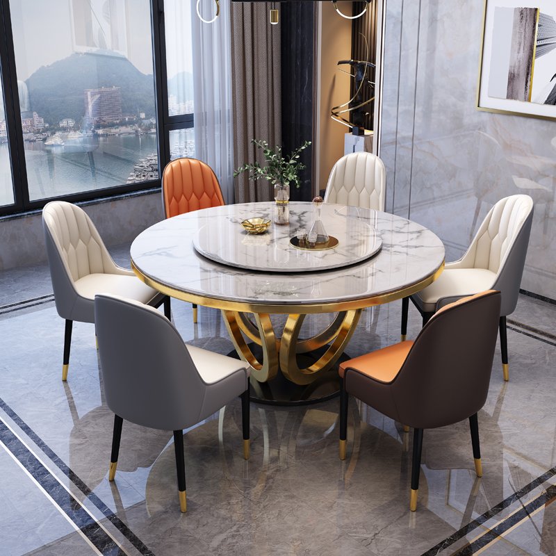 Modern Luxury round Dining Table Rock Slab Design with Extendable Feature for Kitchen Living Room Hotel or Apartment Set