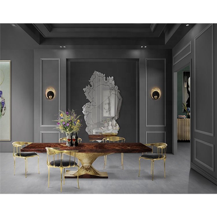 Solid Wood Top Hand-Drawn Polished Brass Copper Luxury 12-Seater Dining Table Set Modern Style Dining Room Furniture Bar