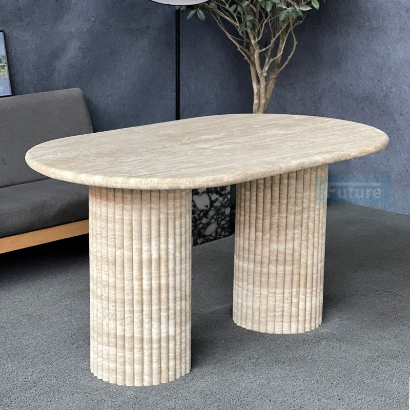 Luxury Customized Natural Beige Travertine Dining Table Stone Furniture Dining Table Fluted Oval Marble Travertine Dining Table