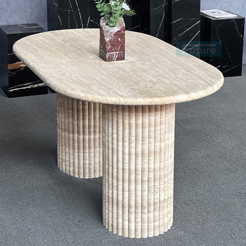 Luxury Customized Natural Beige Travertine Dining Table Stone Furniture Dining Table Fluted Oval Marble Travertine Dining Table