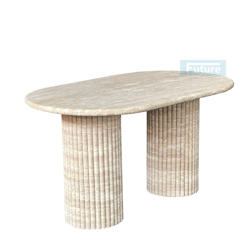 Luxury Customized Natural Beige Travertine Dining Table Stone Furniture Dining Table Fluted Oval Marble Travertine Dining Table