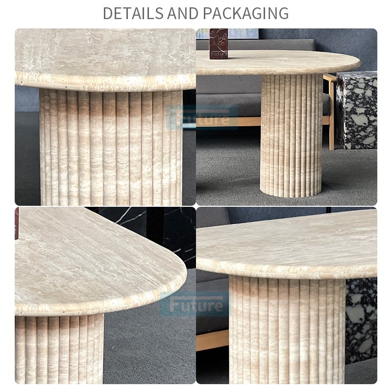 Luxury Customized Natural Beige Travertine Dining Table Stone Furniture Dining Table Fluted Oval Marble Travertine Dining Table