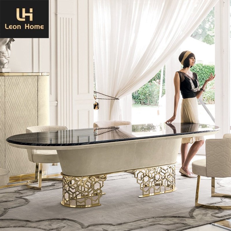 Hot sale stainless steel base oval marble dining table sets luxury 6 chairs dining set