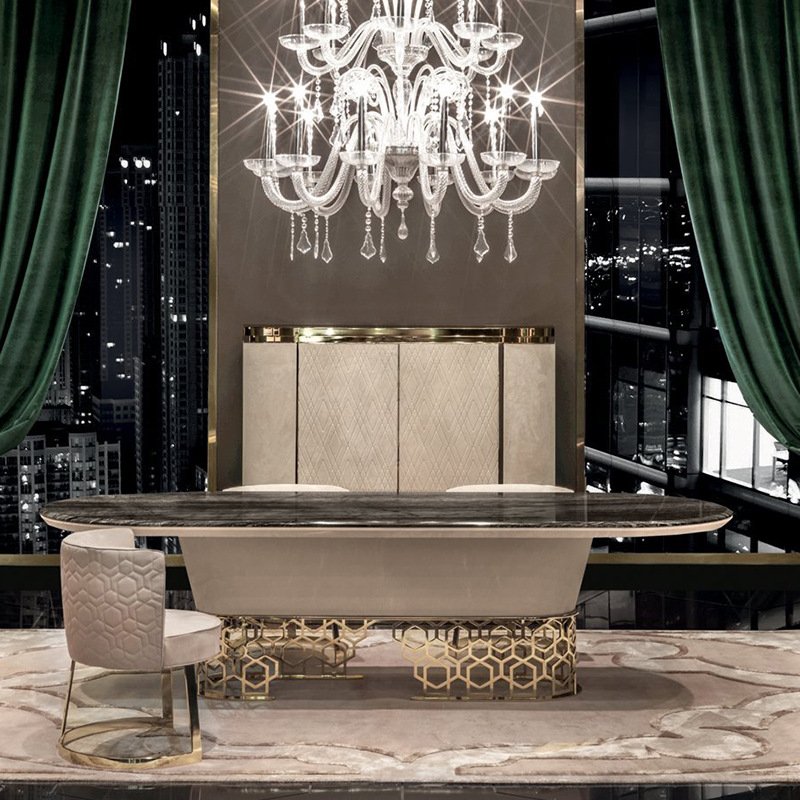 Hot sale stainless steel base oval marble dining table sets luxury 6 chairs dining set