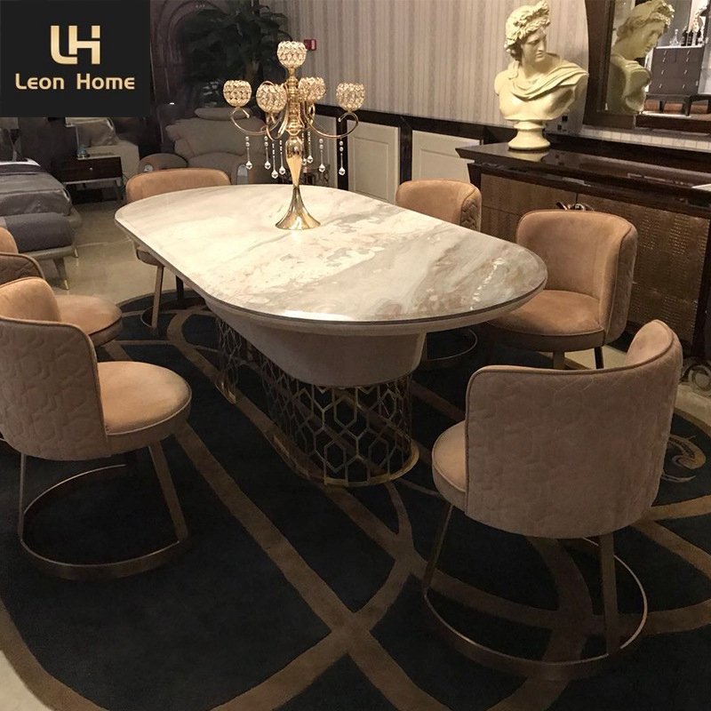 Hot sale stainless steel base oval marble dining table sets luxury 6 chairs dining set