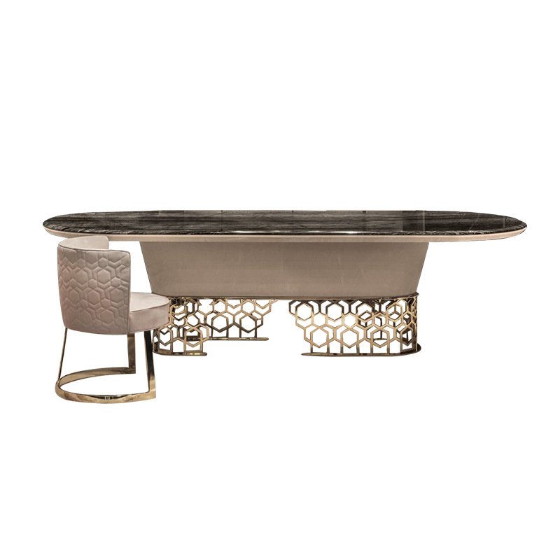 Hot sale stainless steel base oval marble dining table sets luxury 6 chairs dining set