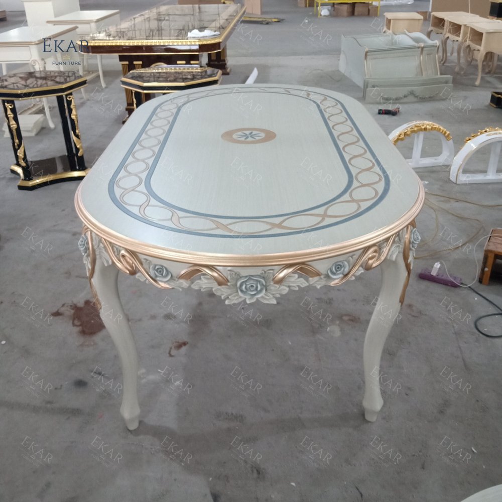 Luxury Classic Dining Room Furniture Royal Antique Oval Dinning Table Hand Carved Flowers Dining Table Chairs Set