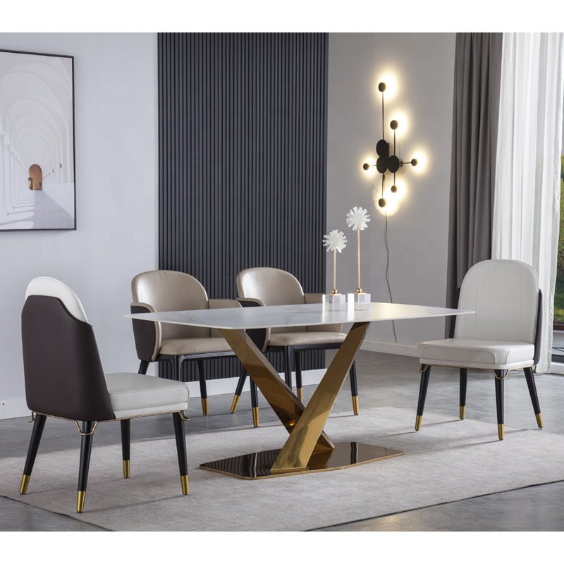Modern marble top dining table stainless steel leg dining room table and chair set Hotel restaurant furniture Chinese factory
