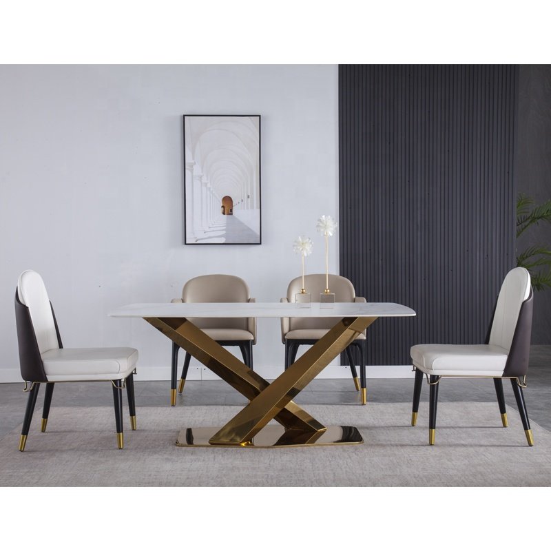 Modern marble top dining table stainless steel leg dining room table and chair set Hotel restaurant furniture Chinese factory