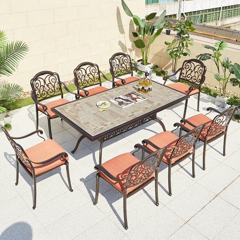 French Commercial Patio Rectangular Table Chairs Outdoor Garden Balcony Cast Aluminum BBQ Dining Table Set for 8