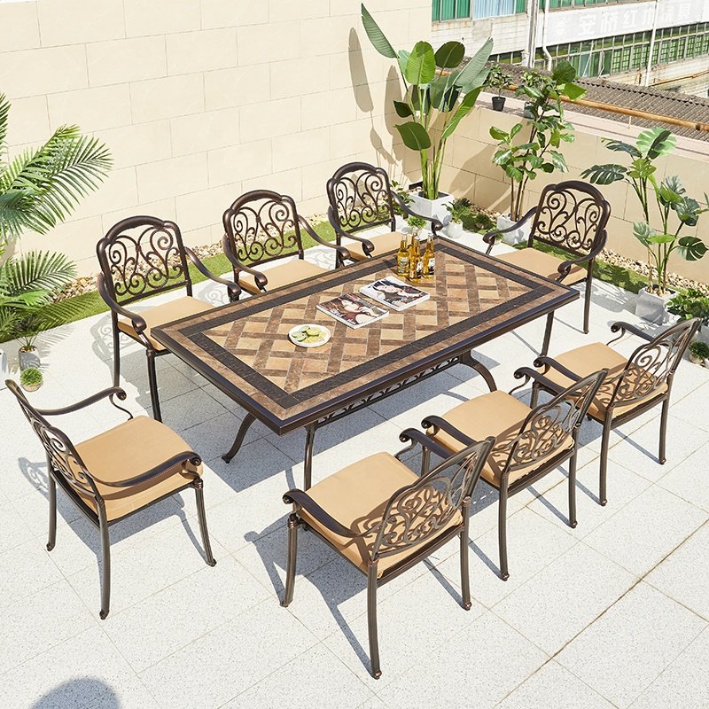 French Commercial Patio Rectangular Table Chairs Outdoor Garden Balcony Cast Aluminum BBQ Dining Table Set for 8