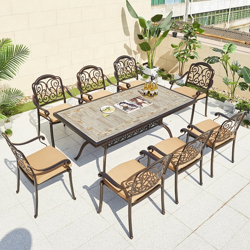 French Commercial Patio Rectangular Table Chairs Outdoor Garden Balcony Cast Aluminum BBQ Dining Table Set for 8
