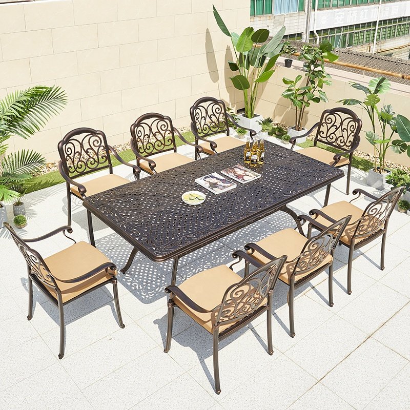 French Commercial Patio Rectangular Table Chairs Outdoor Garden Balcony Cast Aluminum BBQ Dining Table Set for 8