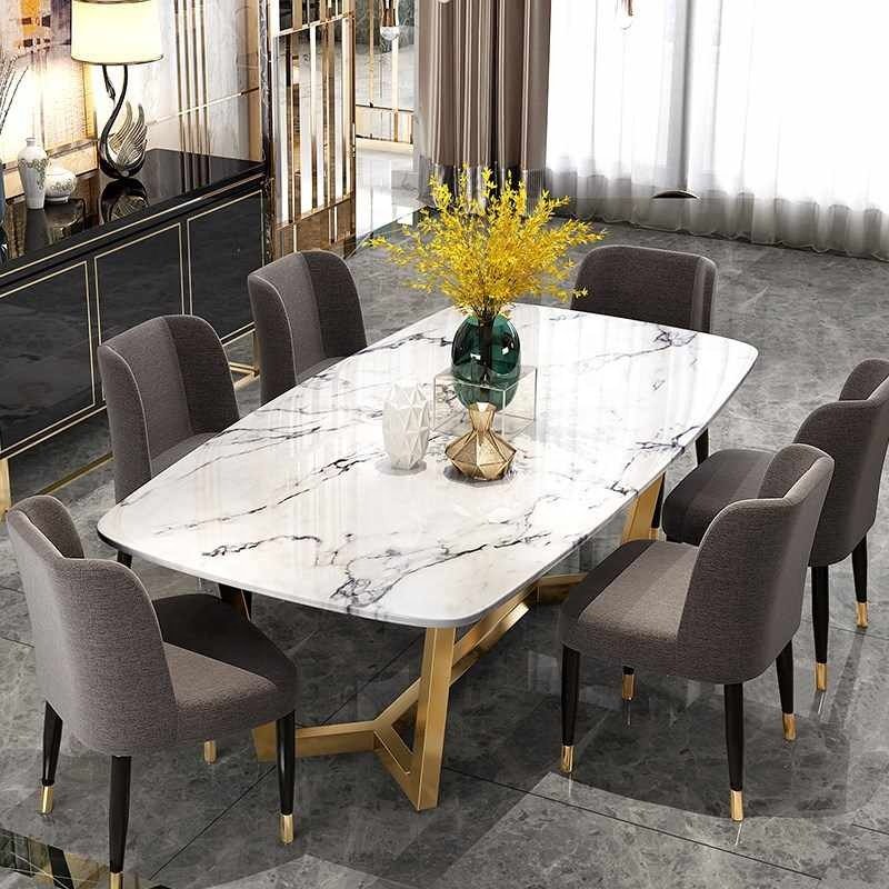 Marble and gold eating dining table set with 8 chairs