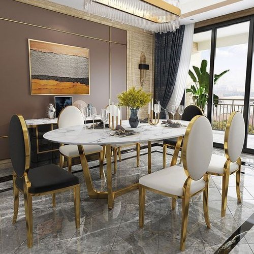 Marble and gold eating dining table set with 8 chairs