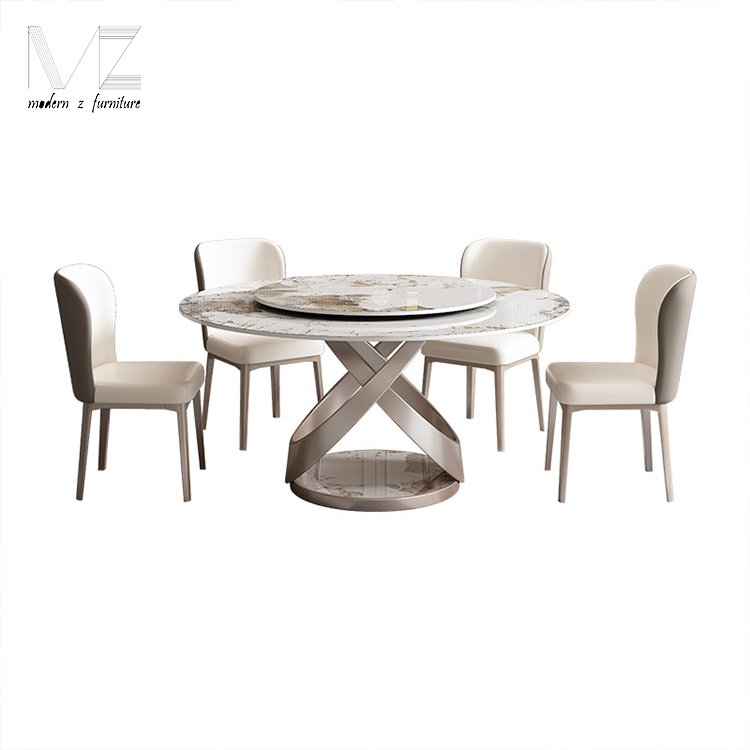 New Europe Design Luxury 6 Chairs Dining Room Home Furniture Modern Metal Base Lazy Susan Round Dining Tables Set