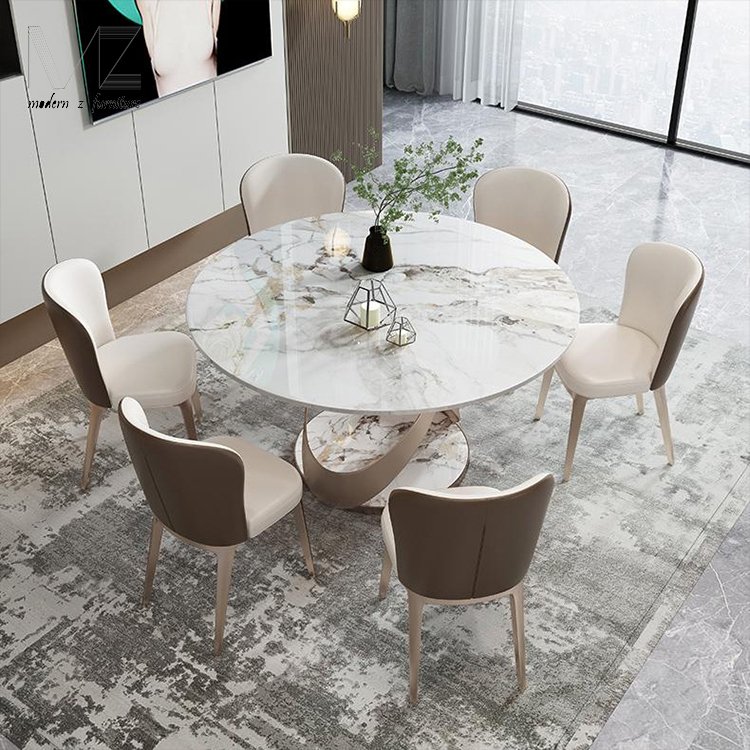 New Europe Design Luxury 6 Chairs Dining Room Home Furniture Modern Metal Base Lazy Susan Round Dining Tables Set
