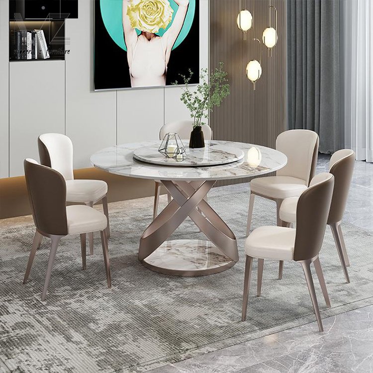 New Europe Design Luxury 6 Chairs Dining Room Home Furniture Modern Metal Base Lazy Susan Round Dining Tables Set