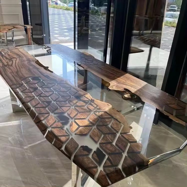 Hot Free Logo Home Furniture Factory Direct Solid Walnut Wood Cafe Coffee Kitchen Restaurant Epoxy Resin Slab River Dining Table