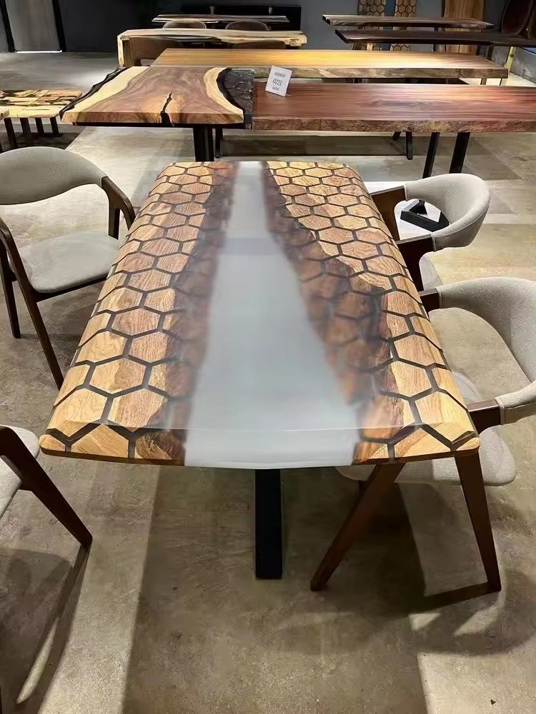 Hot Free Logo Home Furniture Factory Direct Solid Walnut Wood Cafe Coffee Kitchen Restaurant Epoxy Resin Slab River Dining Table