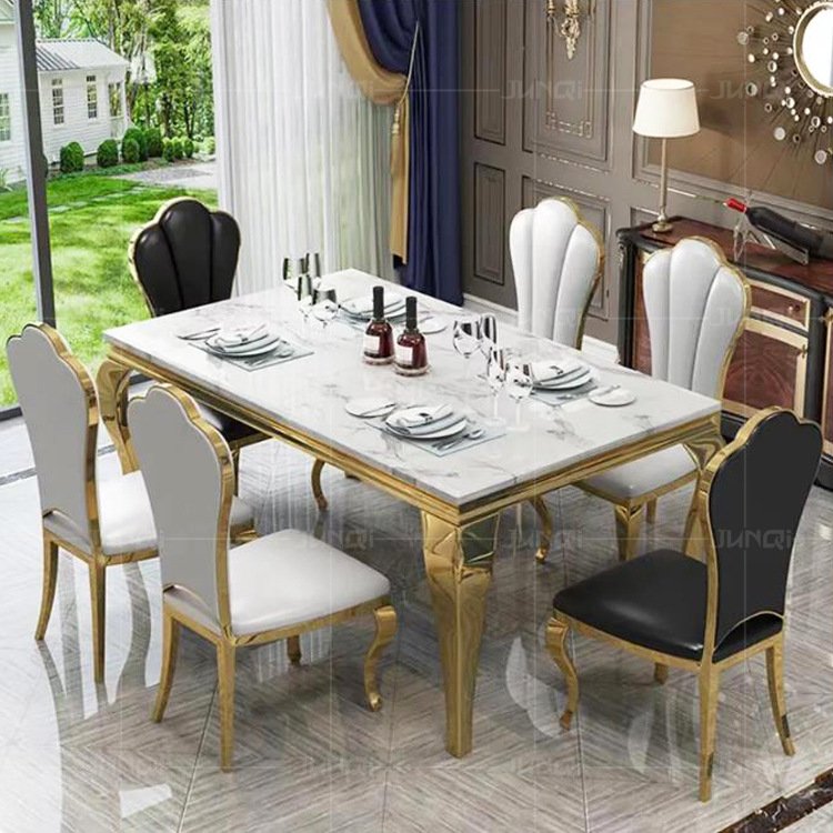 Luxury white black dinning table set 4 6 8 seater gold stainless steel round marble top dining tables and chairs