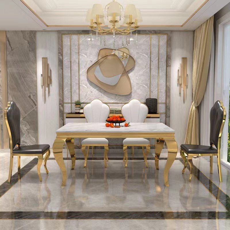 Luxury white black dinning table set 4 6 8 seater gold stainless steel round marble top dining tables and chairs