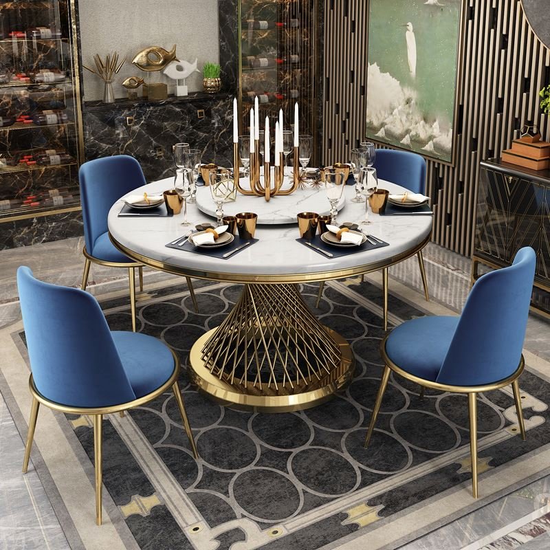 modern luxury style white round marble top dining table sets with turntable and 6 chairs for restaurant furniture