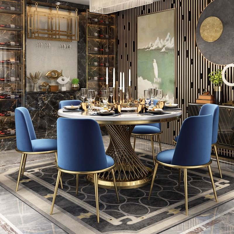 modern luxury style white round marble top dining table sets with turntable and 6 chairs for restaurant furniture