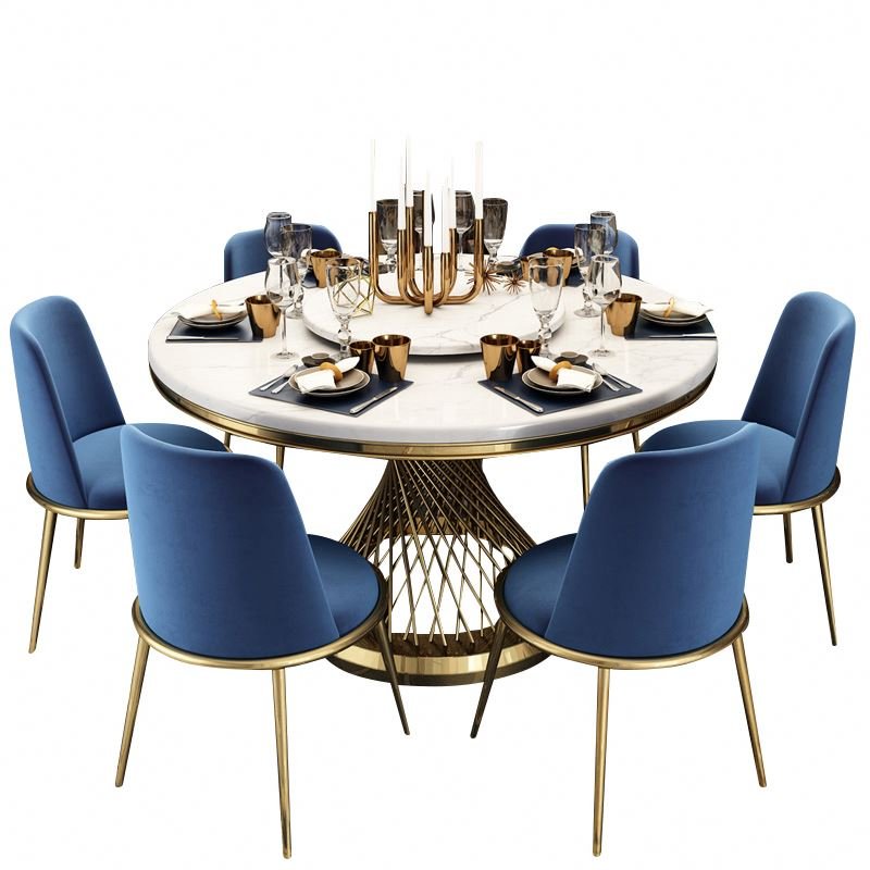 modern luxury style white round marble top dining table sets with turntable and 6 chairs for restaurant furniture