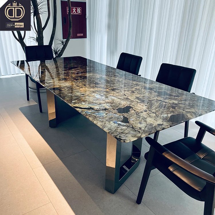 Blue jadeite metal base dining room real marble table Italian luxury marble top dining table