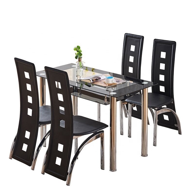 Cheap Modern Black Simple Rectangle Glass Dining Table and Dining Table Set With Chairs