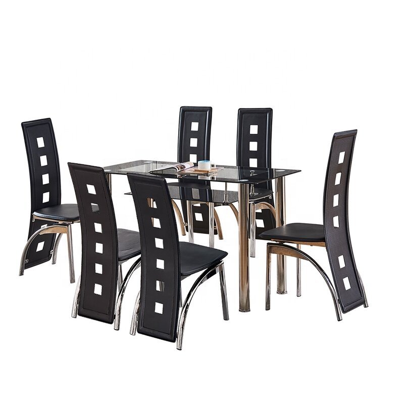 Cheap Modern Black Simple Rectangle Glass Dining Table and Dining Table Set With Chairs
