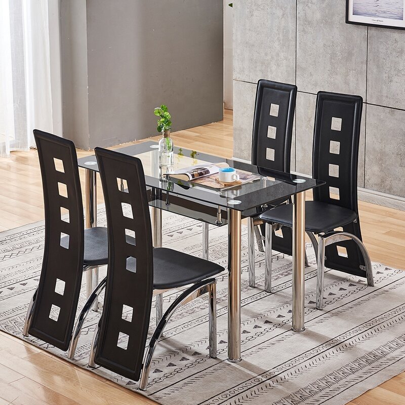 Cheap Modern Black Simple Rectangle Glass Dining Table and Dining Table Set With Chairs