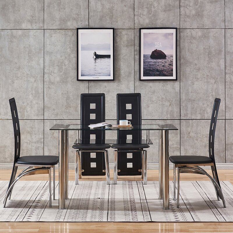 Cheap Modern Black Simple Rectangle Glass Dining Table and Dining Table Set With Chairs