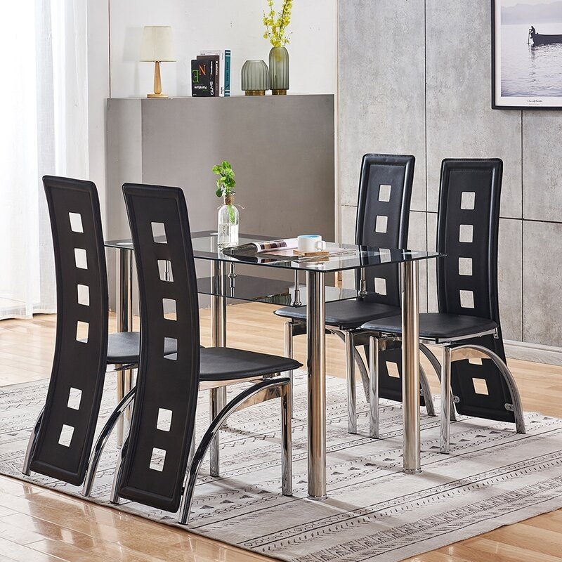 Cheap Modern Black Simple Rectangle Glass Dining Table and Dining Table Set With Chairs