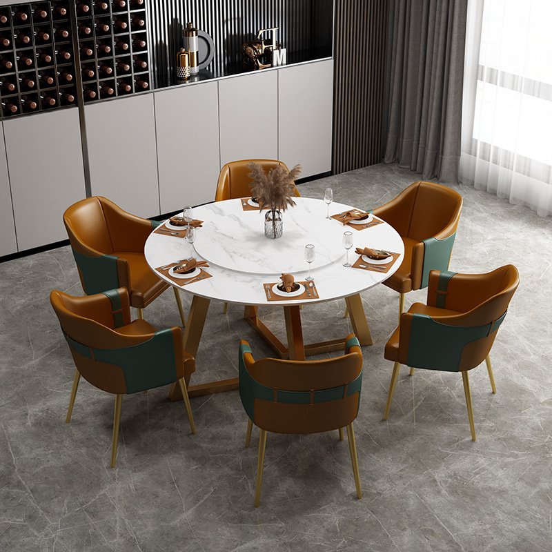 Luxury modern sintered stone top simple gold legs round cafe marble dining table set 6 seater