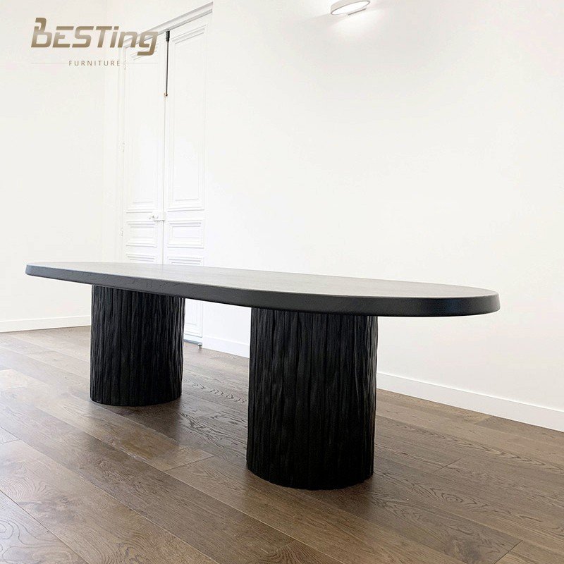 Italian luxury modern designer solid wood furniture wabi sabi black round dining table or workbench