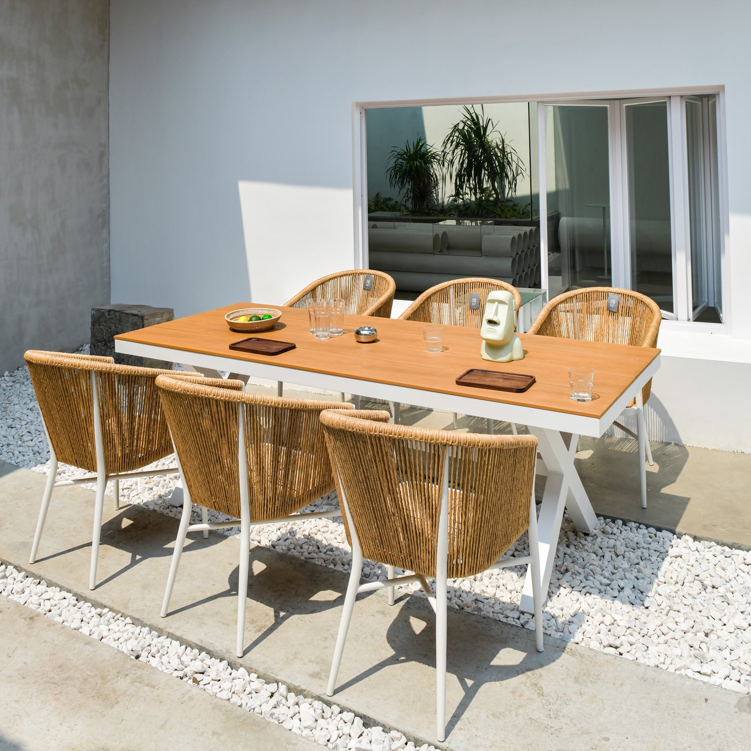 L220xW90xH74cm plastic teak wood rectangular dining table sets outdoor garden furniture rattan chairs waterproof
