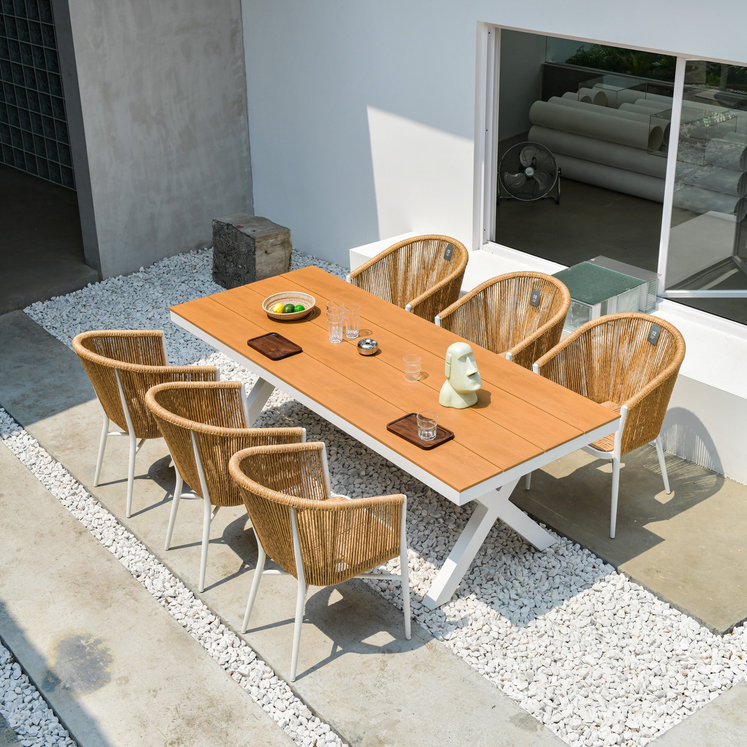 L220xW90xH74cm plastic teak wood rectangular dining table sets outdoor garden furniture rattan chairs waterproof