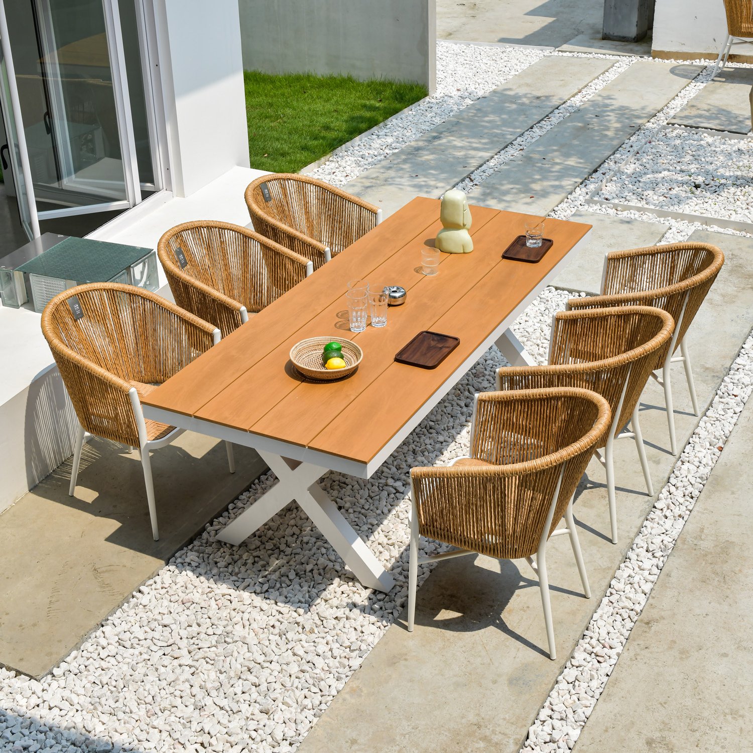L220xW90xH74cm plastic teak wood rectangular dining table sets outdoor garden furniture rattan chairs waterproof