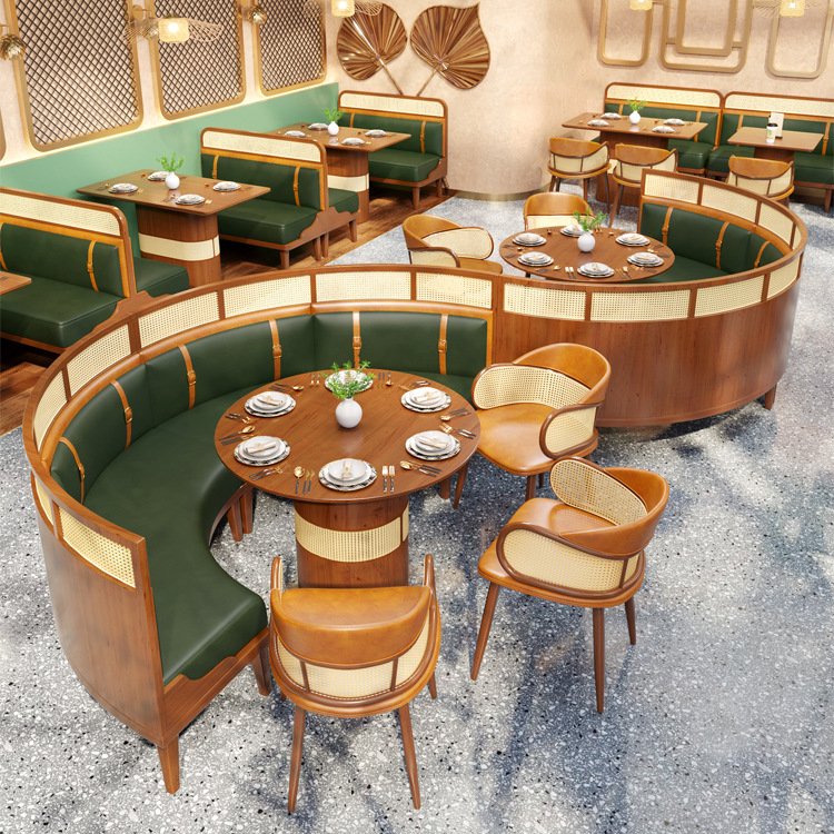 Modern Restaurant Leather Round High Back Sofa Booth Seating Furniture Wooden Dining Tables And Chairs Coffee Shop Chair